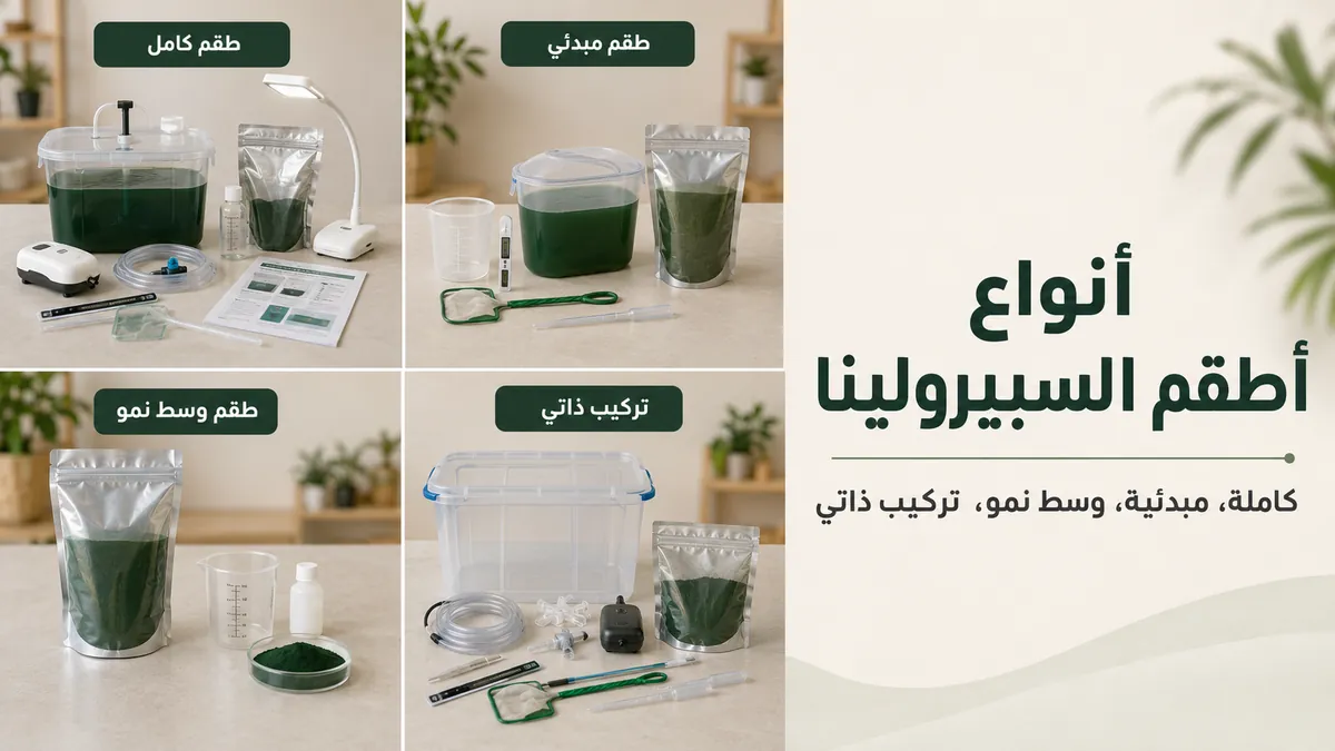 أنواع مختلفة من أطقم زراعة السبيرولينا تشمل الطقم الكامل والمبدئي ووسط النمو والتركيب الذاتي