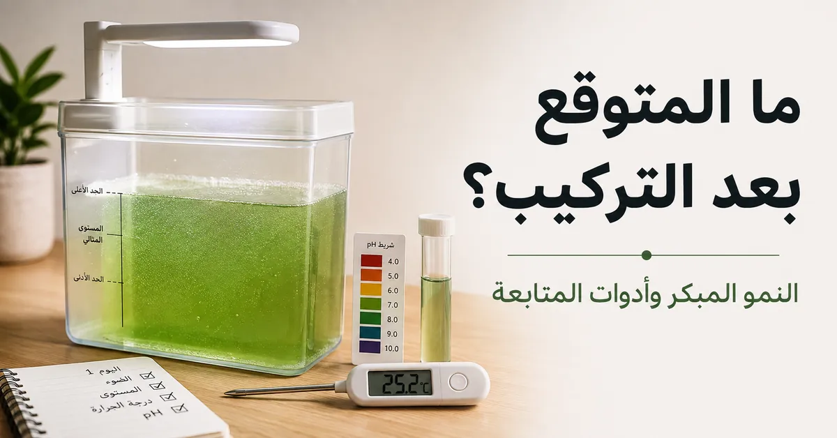 طقم منزلي لزراعة السبيرولينا بعد التركيب يظهر النمو المبكر مع أدوات متابعة بسيطة