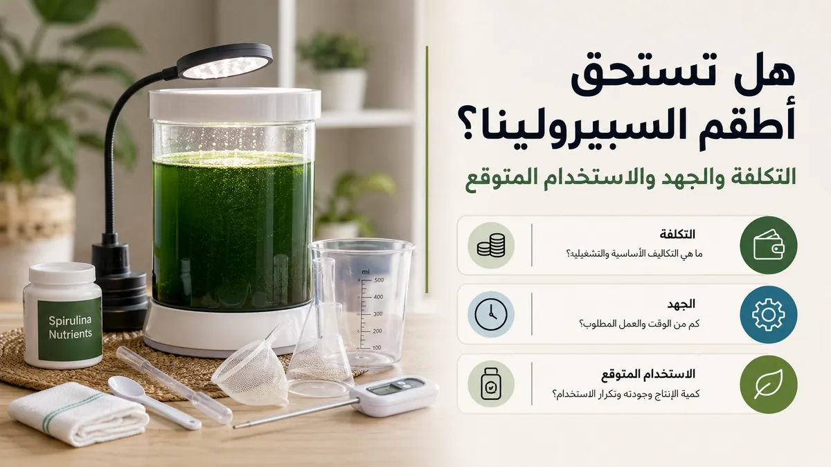 مستلزمات طقم زراعة السبيرولينا مرتبة مع قائمة لتقييم التكلفة والجهد والاستخدام المتوقع