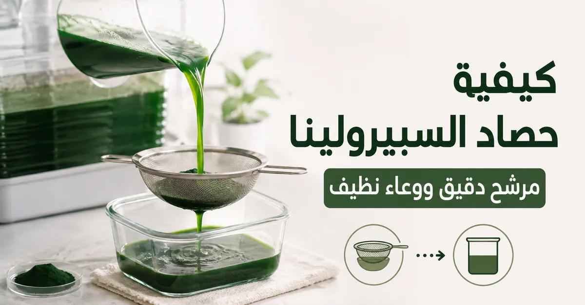 حصاد السبيرولينا من طقم زراعة منزلي باستخدام مرشح دقيق ووعاء نظيف