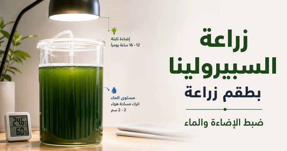سبيرولينا تنمو في وعاء شفاف بعد التركيب مع ضبط الإضاءة والماء