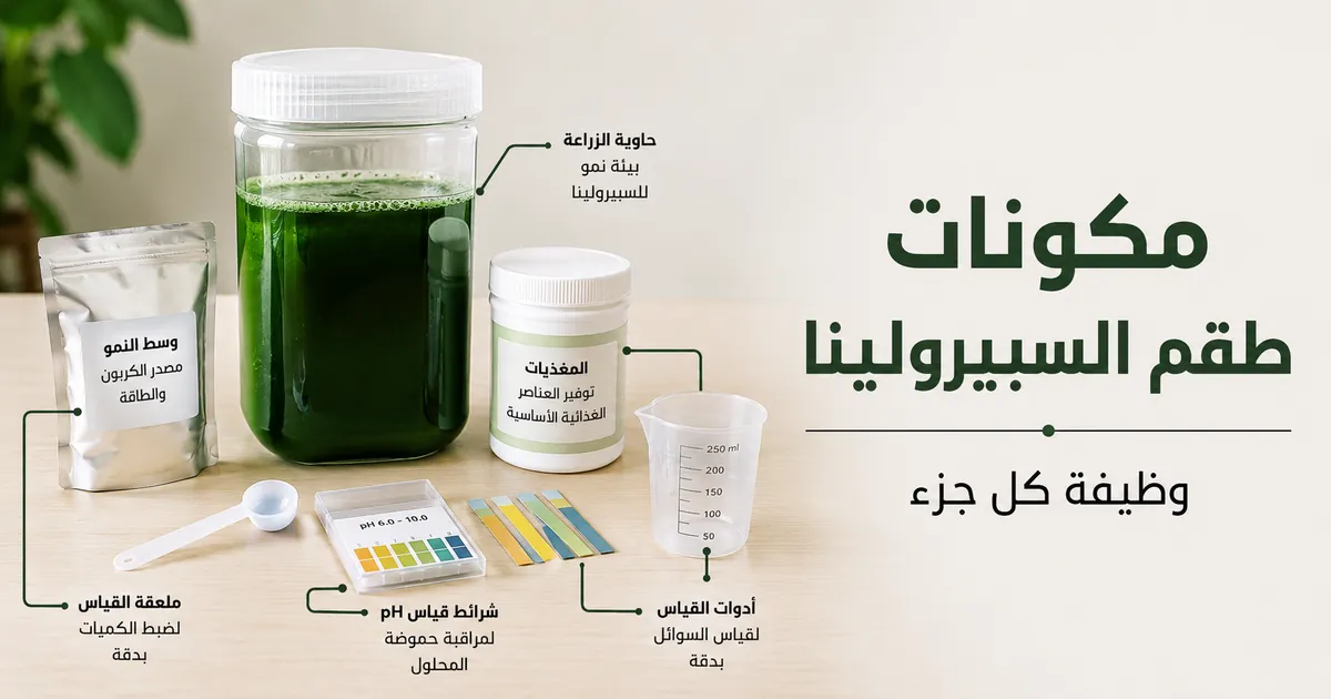 مكونات طقم زراعة السبيرولينا تشمل وعاء الزراعة ووسط النمو والمغذيات وأدوات القياس