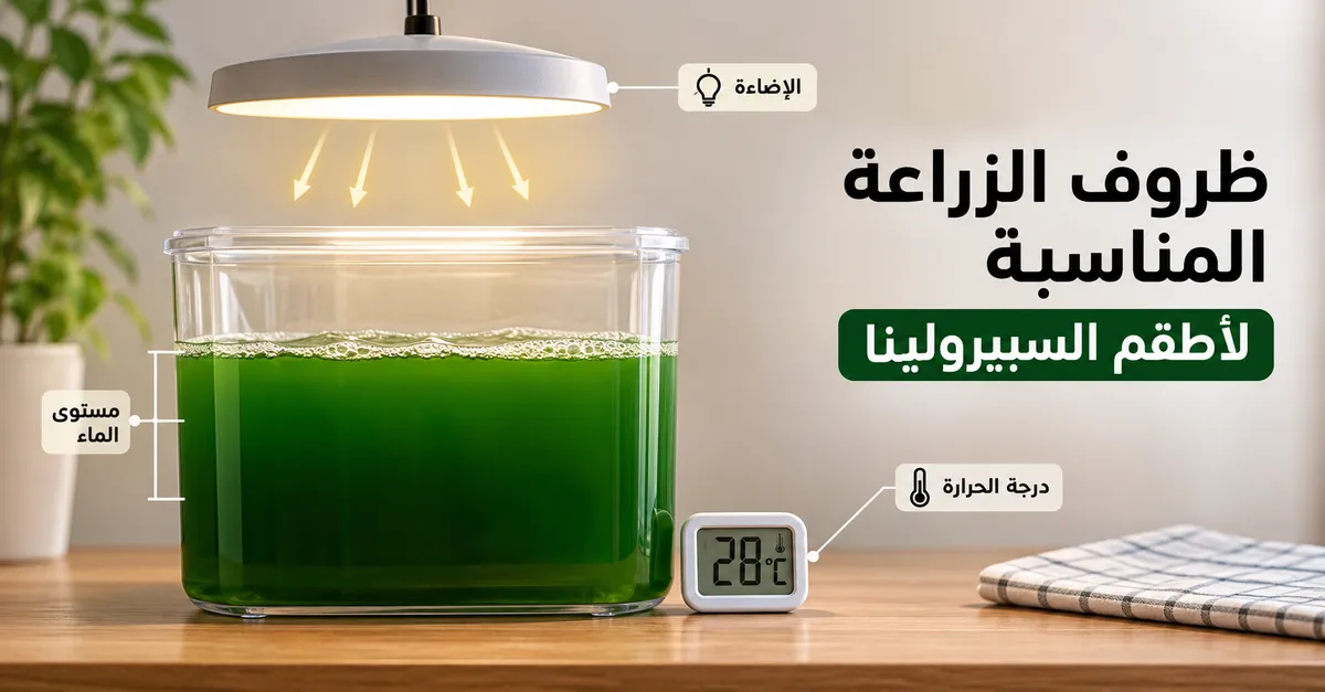 طقم زراعة سبيرولينا داخل المنزل تحت إضاءة مع مراقبة مستوى الماء ودرجة الحرارة