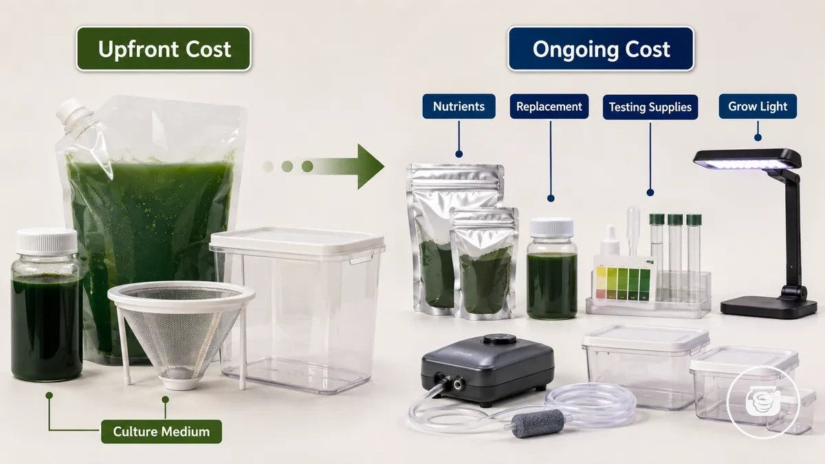 Diagramm, das die Anschaffungs- und laufenden Kosten eines Heim-Spirulina-Anzuchtsets zeigt