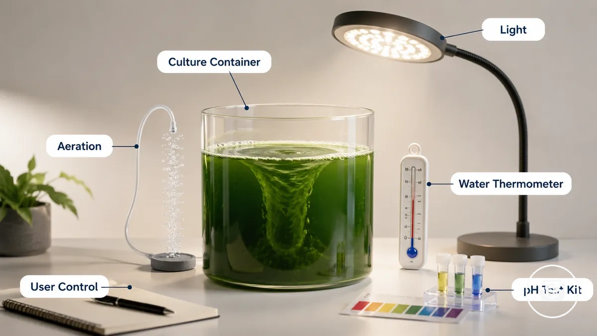 Spirulina-Kulturbehälter mit Licht, Belüftung und grundlegenden Überwachungsgeräten