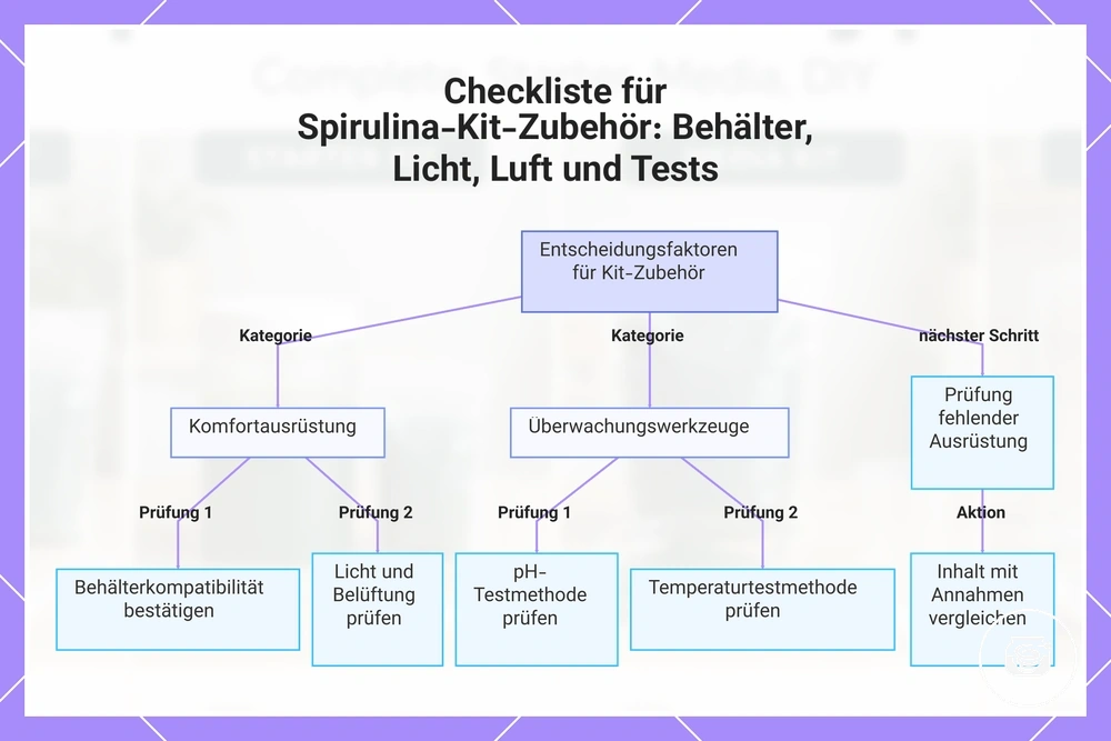 Checkliste für Spirulina-Kit-Zubehör: Behälter, Licht, Luft und Tests