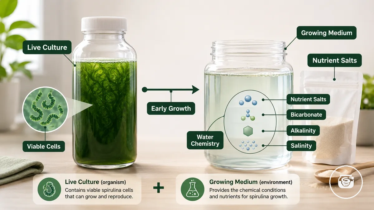 Beschriftete lebende Kultur und Nährmedium, die ihre Aufgaben in einem Spirulina-Anzuchtset zeigen