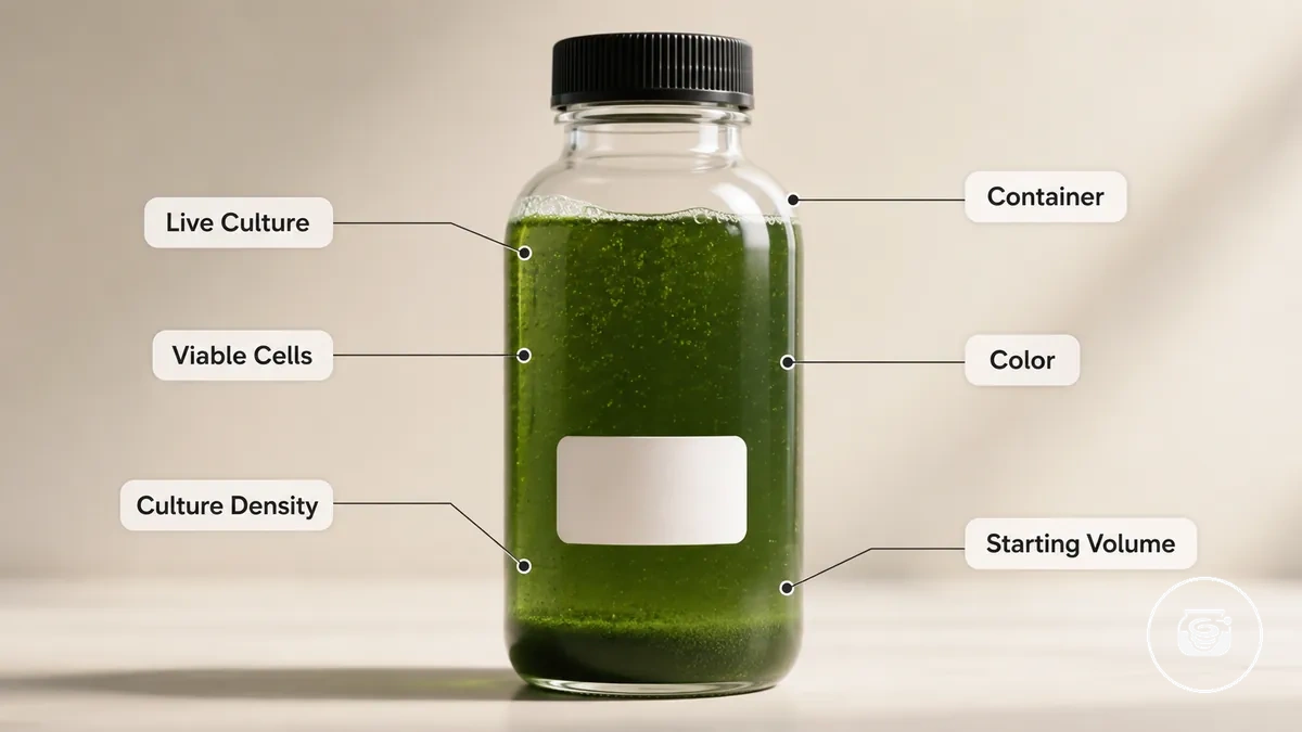Fläschchen mit lebender Spirulina-Startkultur, das Farbe und Dichte für ein Heim-Anzuchtset zeigt