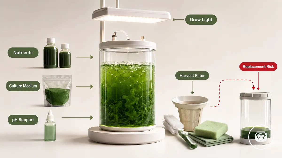 Wiederkehrende Betriebsmittel für die Spirulina-Kulturpflege nach dem ersten Set-Aufbau