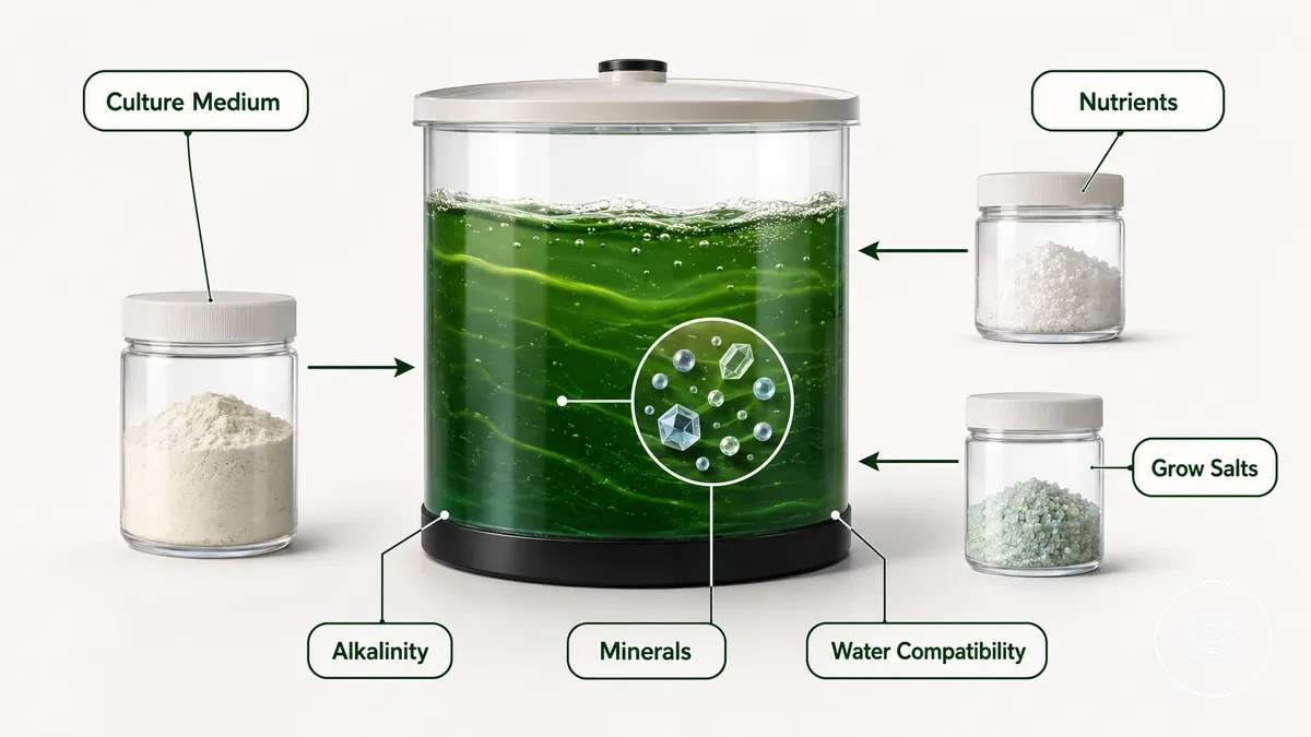 Nährmedium, Nährstoffe und Anzuchtsalze als chemische Unterstützung der Wasserchemie in einem Spirulina-Anzuchtset