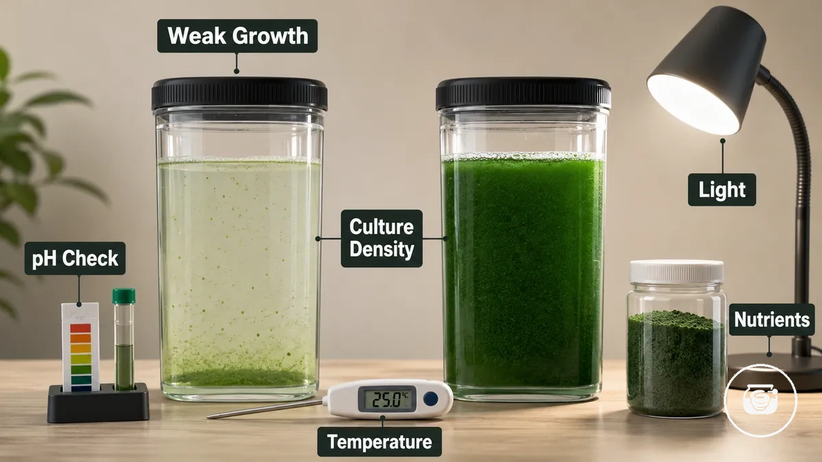 Schwache Spirulina-Kultur mit geringer Dichte in einem Heimanbauset