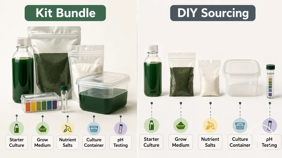 Spirulina-Set-Materialien und separat beschaffte Komponenten für den Eigenbau