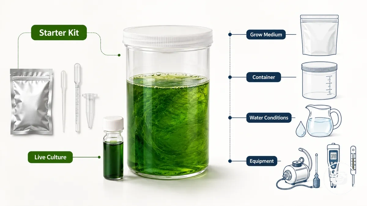 Spirulina-Starterkultur-Set mit lebender Kultur und noch benötigten Materialien
