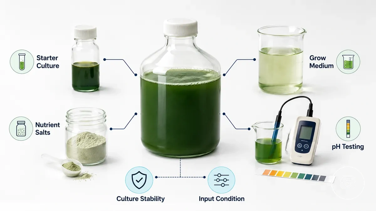 Starterkultur, Anzuchtmedium, Nährsalze und pH-Testgeräte für die Spirulina-Anzucht