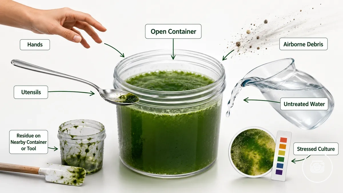 Beispiel mit Anmerkungen zu den Verunreinigungswegen von Spirulina-Kulturen durch Hände, Utensilien, Wasser und offene Handhabung
