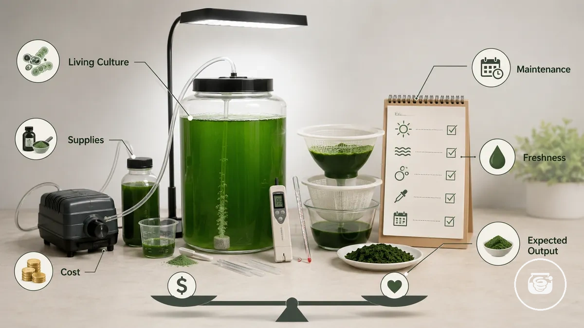 Heim-Spirulina-Anzuchtset mit Kulturbehälter, Anbaumaterialien, Lichtquelle und Erntefilter