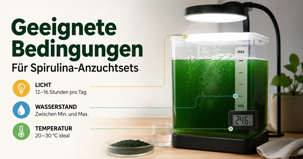 Spirulina-Anzuchtset im Innenraum unter einer Lampe mit Kontrolle von Wasserstand und Temperatur