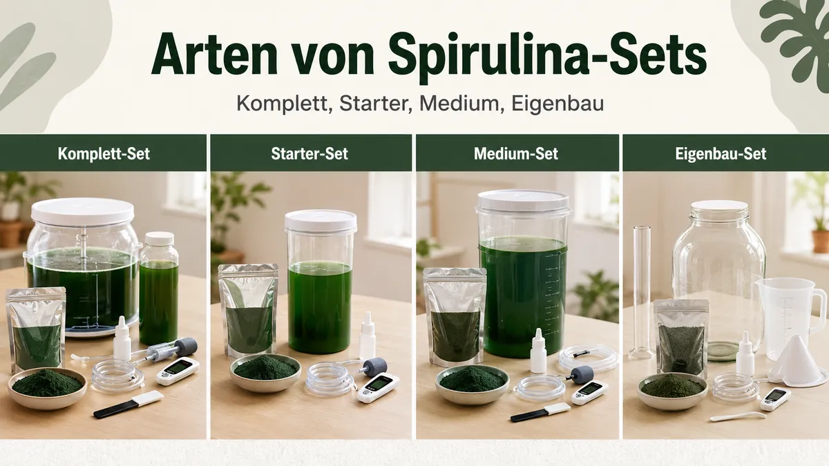 Verschiedene Spirulina-Anzuchtsets als Komplettset, Starterset, Medium-Set und Eigenbau-Lösung