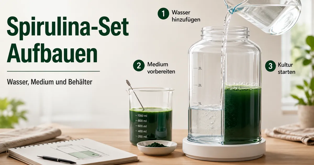 Schrittweiser Aufbau eines Spirulina-Anzuchtsets mit Wasser, Nährmedium und Kulturbehälter