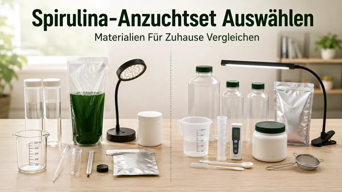 Vergleich von Materialien verschiedener Spirulina-Anzuchtsets zur Wahl eines passenden Sets für zu Hause