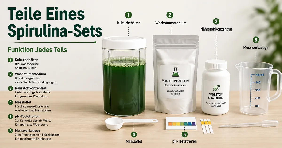 Teile eines Spirulina-Anzuchtsets mit Kulturbehälter, Nährmedium, Nährstoffen und Messgeräten