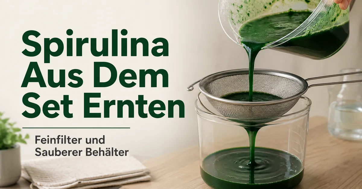 Ernte von Spirulina aus einem Anzuchtset für zu Hause mit Feinfilter und sauberem Behälter