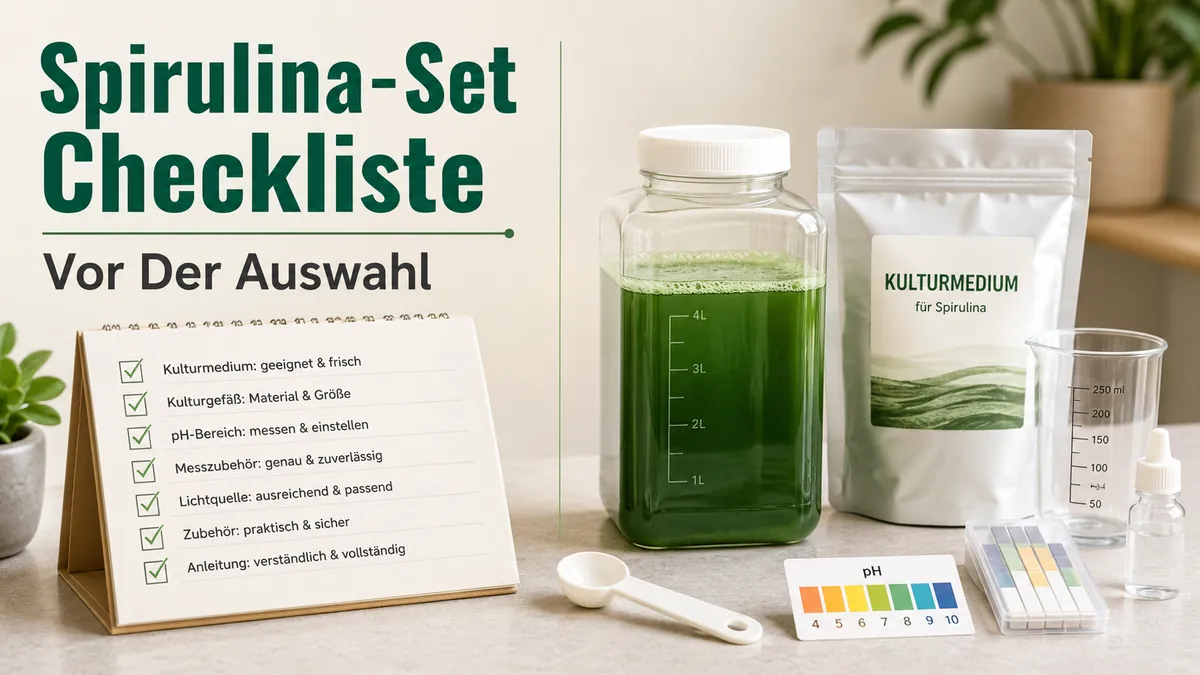 Kauf-Checkliste für ein Spirulina-Anzuchtset neben Nährmedium, Behälter und Testmaterialien
