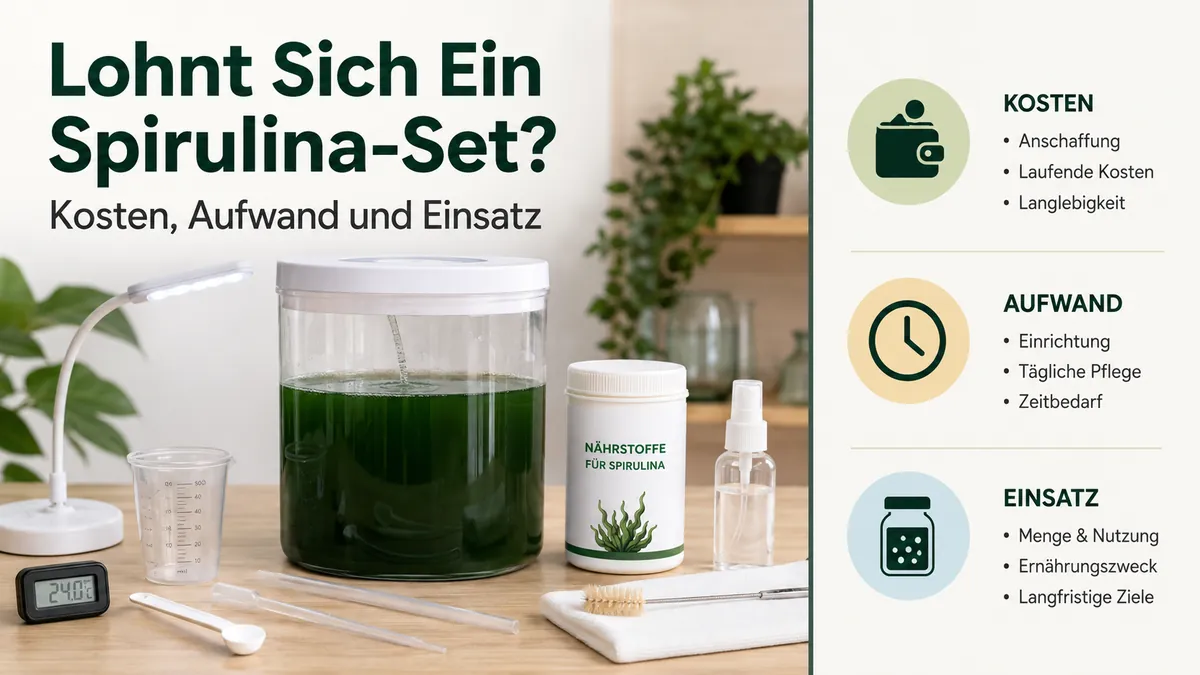 Materialien eines Spirulina-Anzuchtsets mit Checkliste zu Kosten, Aufwand und geplantem Einsatz