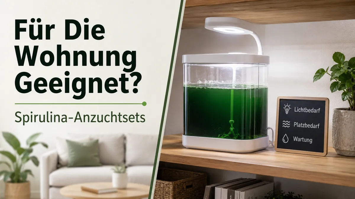 Spirulina-Anzuchtset für Innenräume auf einem Regal mit kompakter Beleuchtung