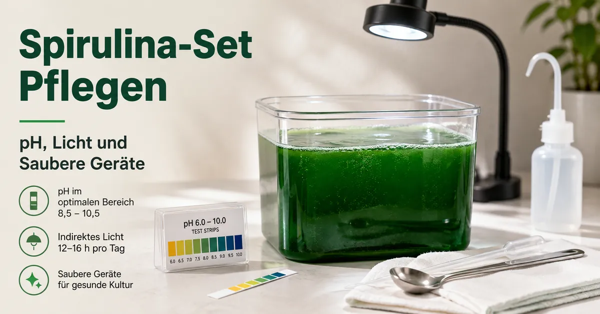 Pflege eines Spirulina-Anzuchtsets mit pH-Test, Lichtkontrolle und sauberen Kulturgeräten