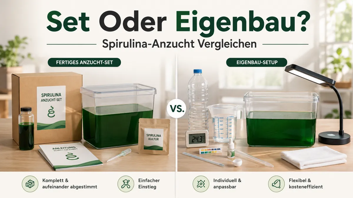Direkter Vergleich eines fertigen Spirulina-Anzuchtsets mit einer selbst zusammengestellten Eigenbau-Lösung
