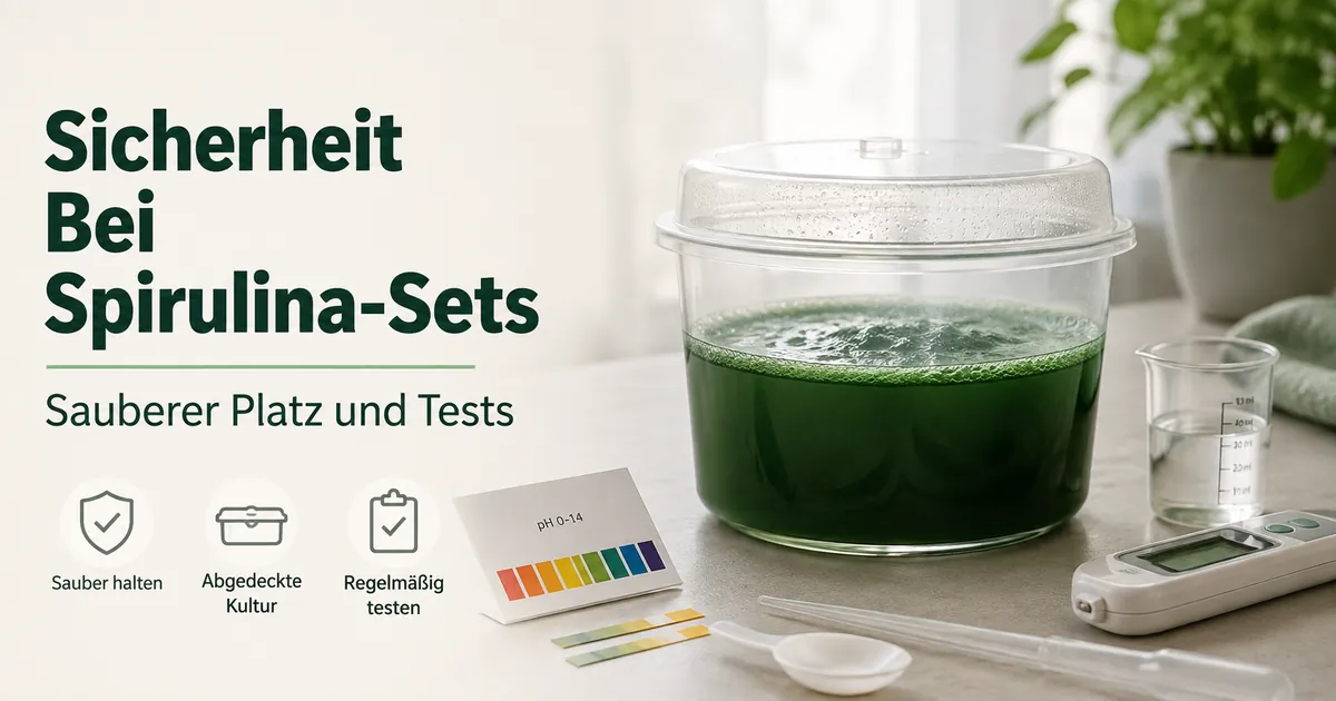 Sauberer Arbeitsplatz für ein Spirulina-Anzuchtset mit abgedecktem Kulturbehälter und Testmaterialien
