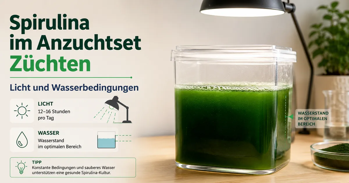 Spirulina wächst nach dem Aufbau in einem transparenten Behälter bei kontrollierten Licht- und Wasserbedingungen