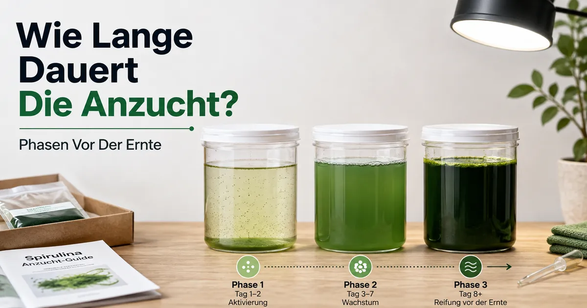 Spirulina-Kultur aus einem Anzuchtset in verschiedenen Wachstumsphasen vor der Ernte