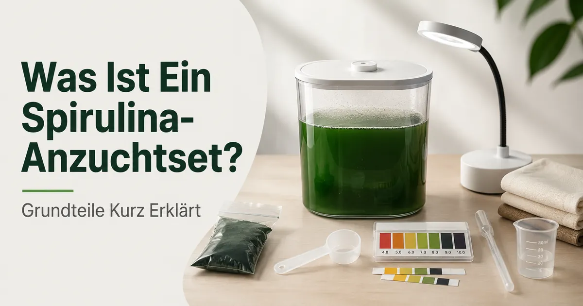 Grundlegende Teile eines Spirulina-Anzuchtsets neben einem transparenten Kulturbehälter