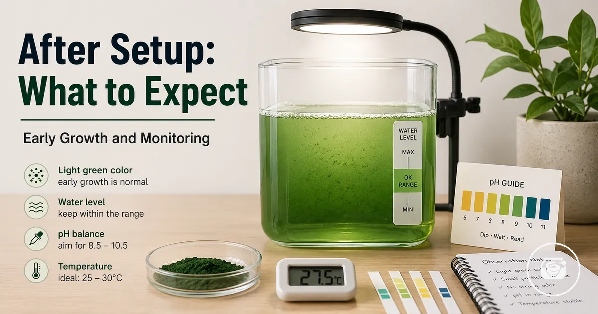 Home spirulina growing kit after setup showing early culture growth and simple monitoring tools