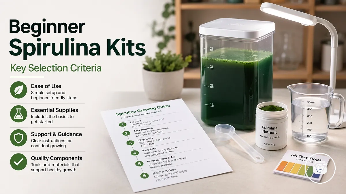 Beginner-friendly spirulina growing kit arranged with simple instructions and starter supplies