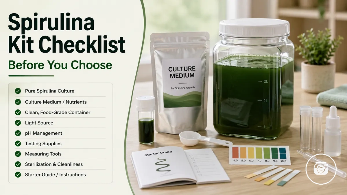 Spirulina growing kit buying checklist beside culture medium, container, and test supplies