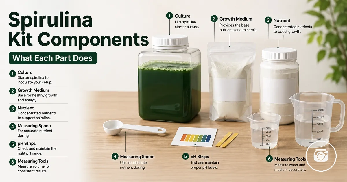 Spirulina growing kit components including culture container, medium, nutrients, and measuring tools