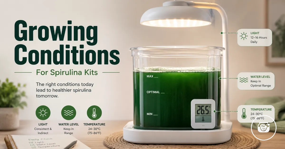 Indoor spirulina growing kit under a light with water level and temperature monitoring