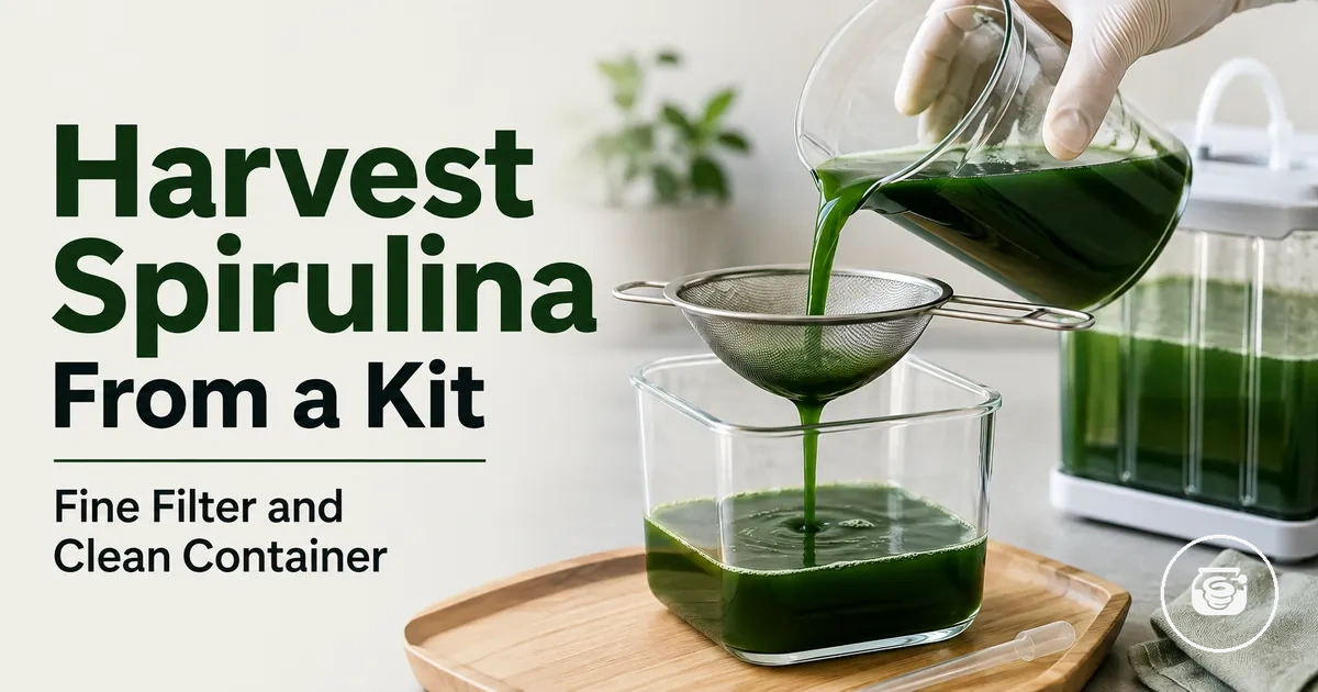 Harvesting spirulina from a home growing kit with a fine filter and clean container