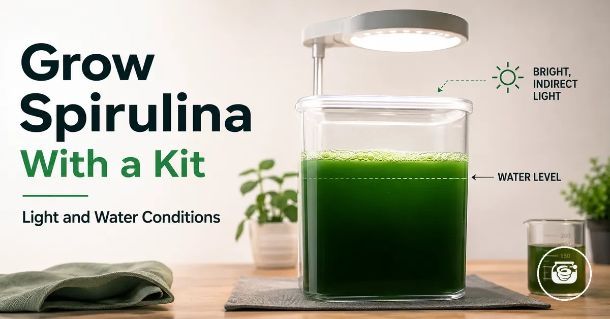 Spirulina growing in a clear container after setup with controlled light and water conditions