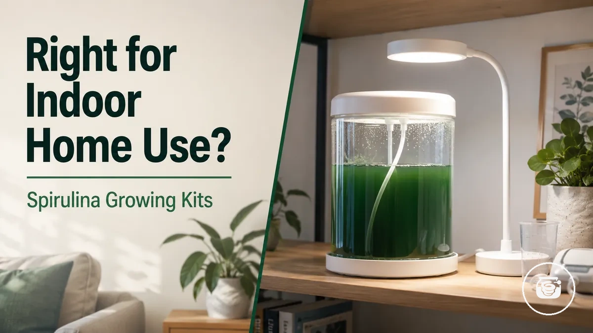 Indoor home spirulina growing kit placed on a shelf with a compact light setup