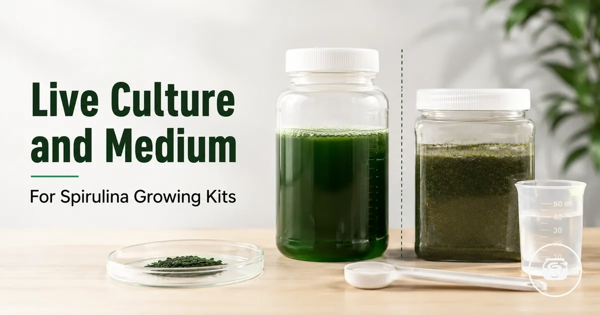 Live spirulina culture and growing medium prepared for a home growing kit