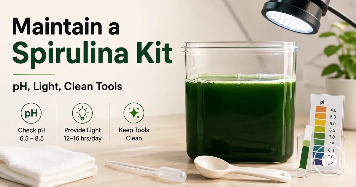 Maintaining a spirulina growing kit with pH testing, light control, and clean culture tools
