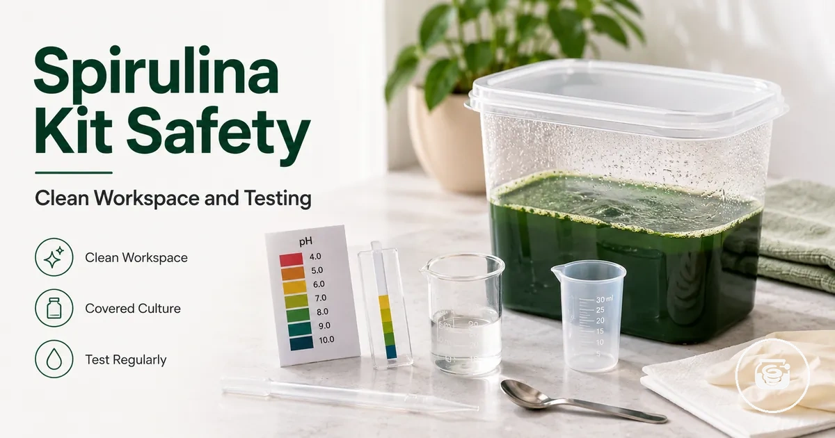 Clean spirulina growing kit workspace with covered culture container and testing supplies