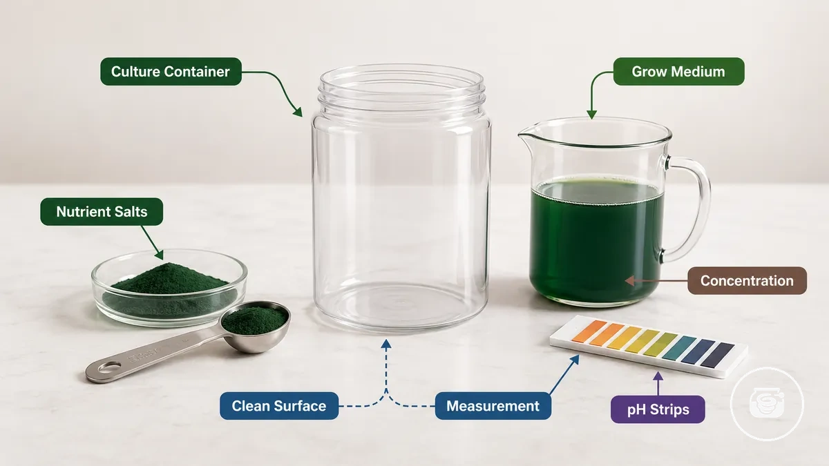 Culture container, grow medium, nutrient salts, and testing tools shown with relevant spirulina kit setup items
