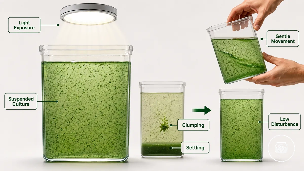 Gentle movement of a spirulina culture to keep suspended cells evenly distributed inside the growing container