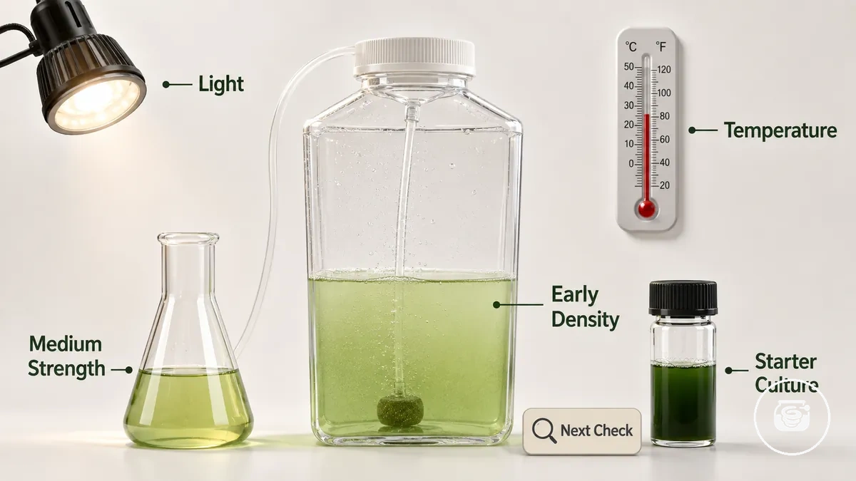 Early spirulina culture after setup with light and monitoring tools