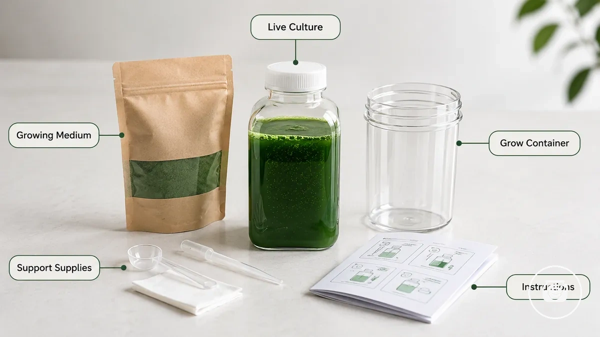 Spirulina growing kit materials grouped with live culture and medium